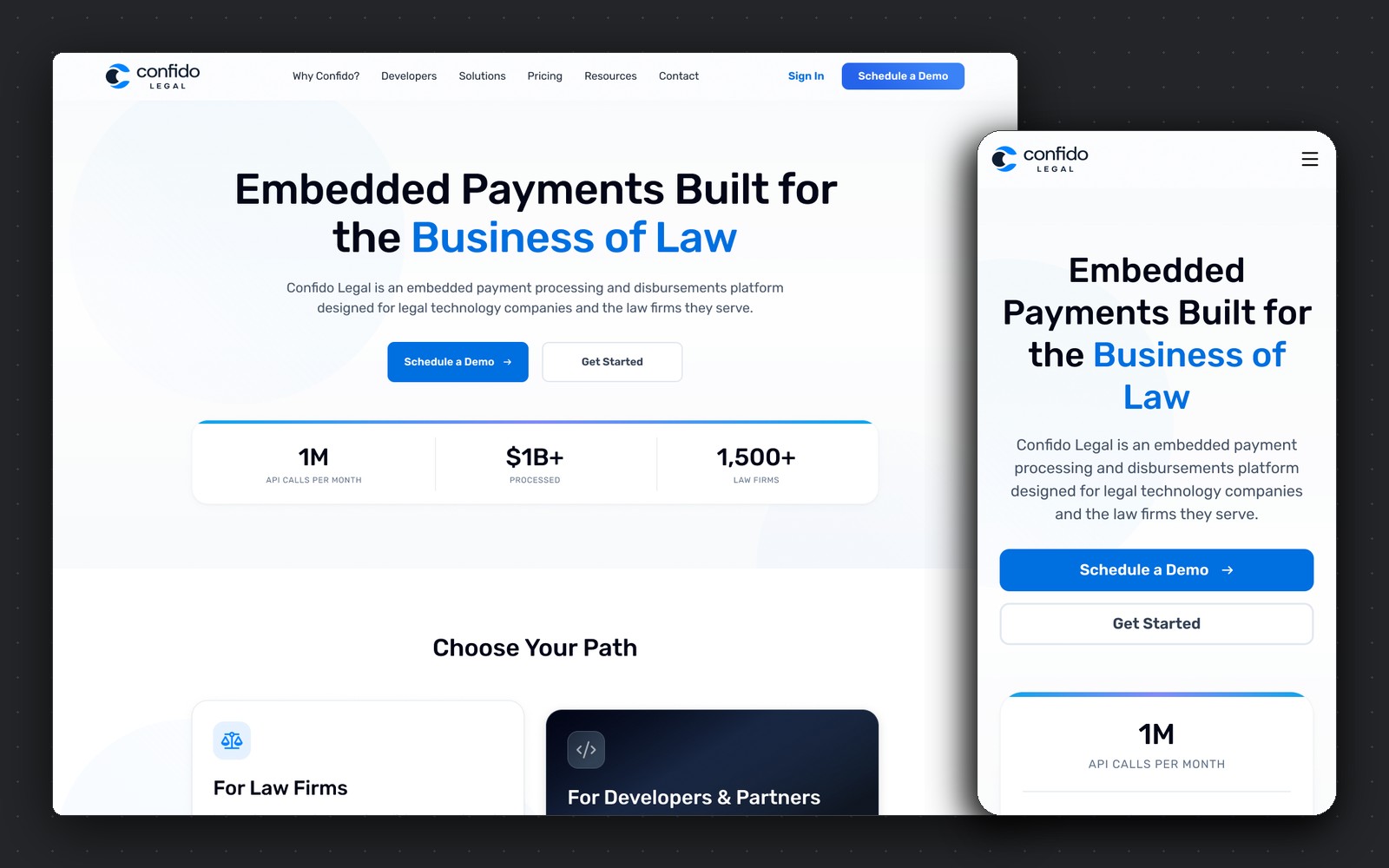 Confido Legal homepage — embedded payments hero with the two-path structure, desktop and mobile