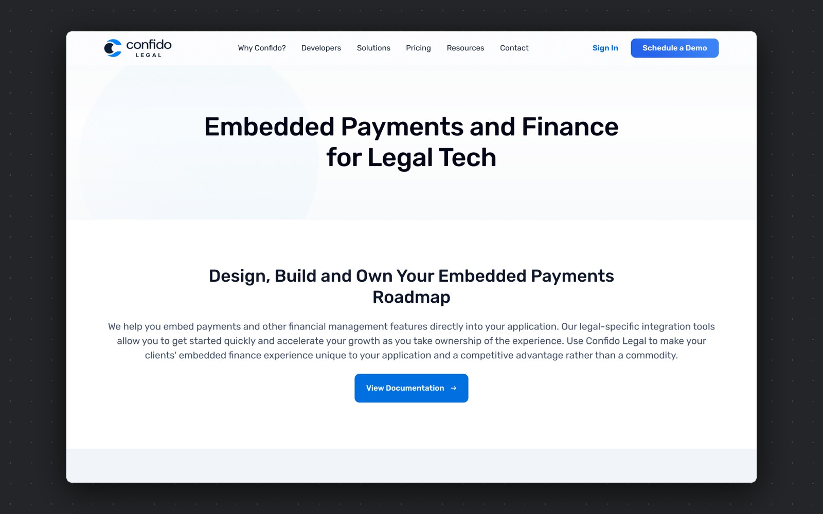 Confido Legal developer page — embedded payments and finance for legal tech