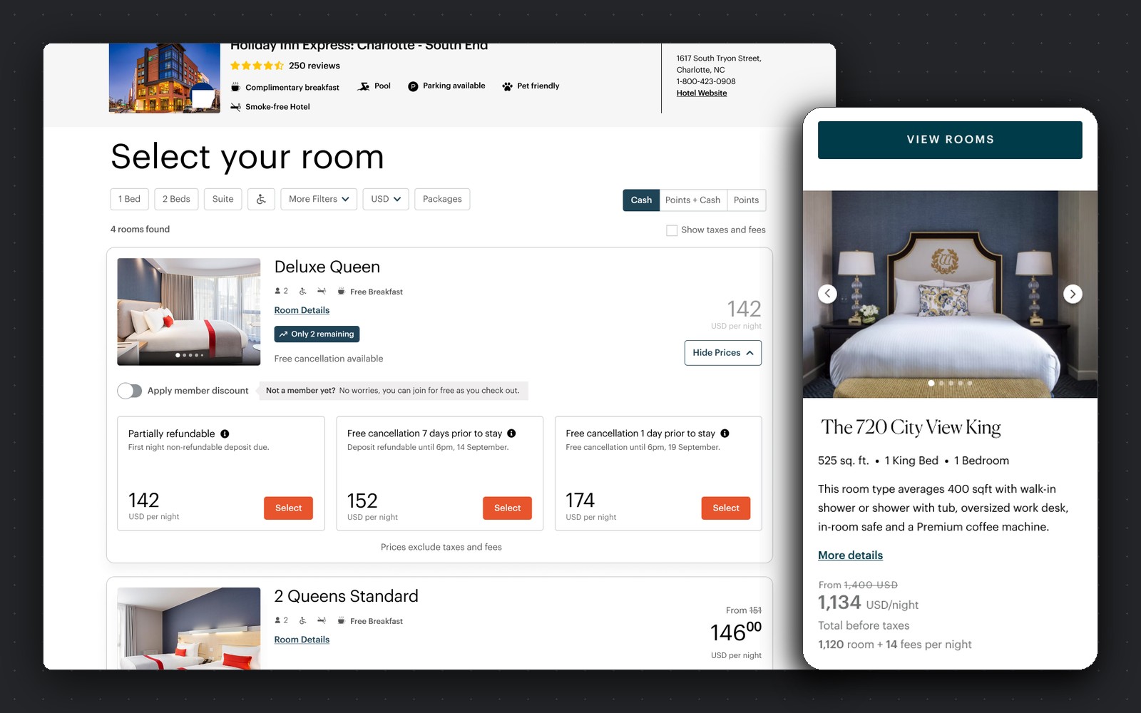 IHG room selection with rate options expanded — three cancellation tiers and the member discount toggle, beside the mobile room detail