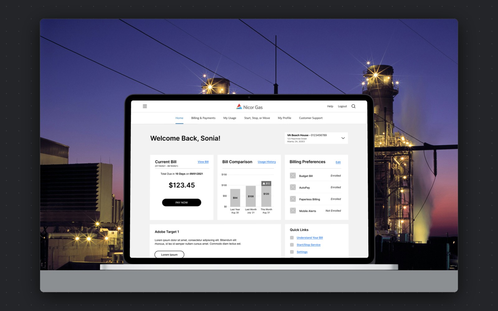 Southern Company — utility billing overview with current bill, comparison chart and billing preferences