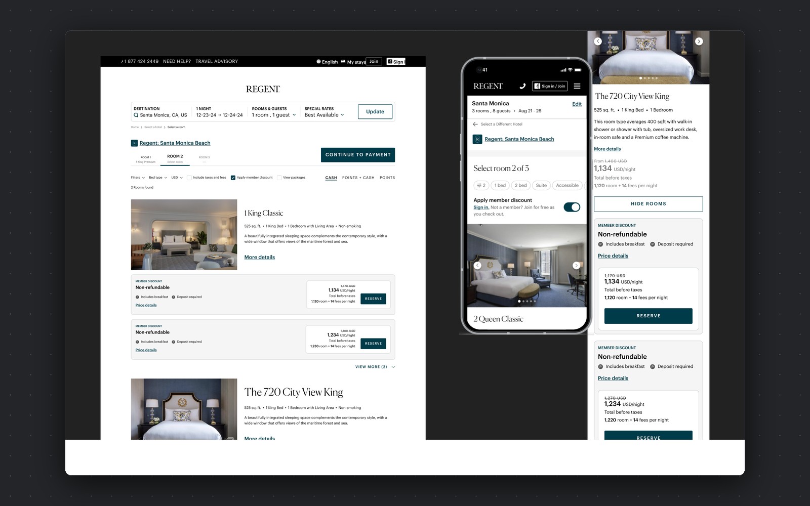 Regent Hotels — room and rate selection, desktop and mobile