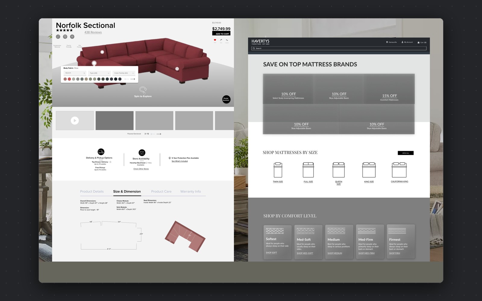 Havertys — Norfolk sectional configurator with fabric swatches and dimension diagram