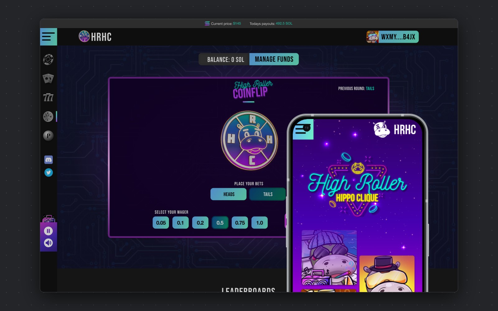 High Roller Hippo Clique — coinflip game and mobile casino screens