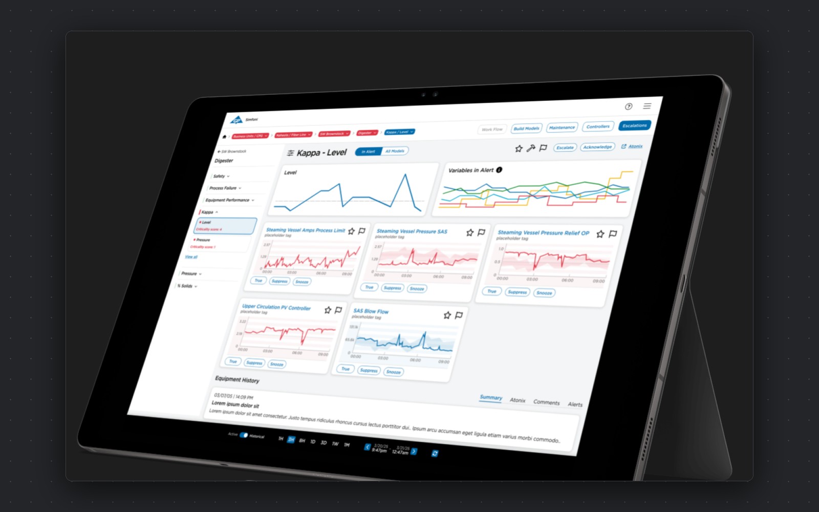 Equipment analytics — industrial monitoring dashboard with pressure and flow trend charts on a tablet