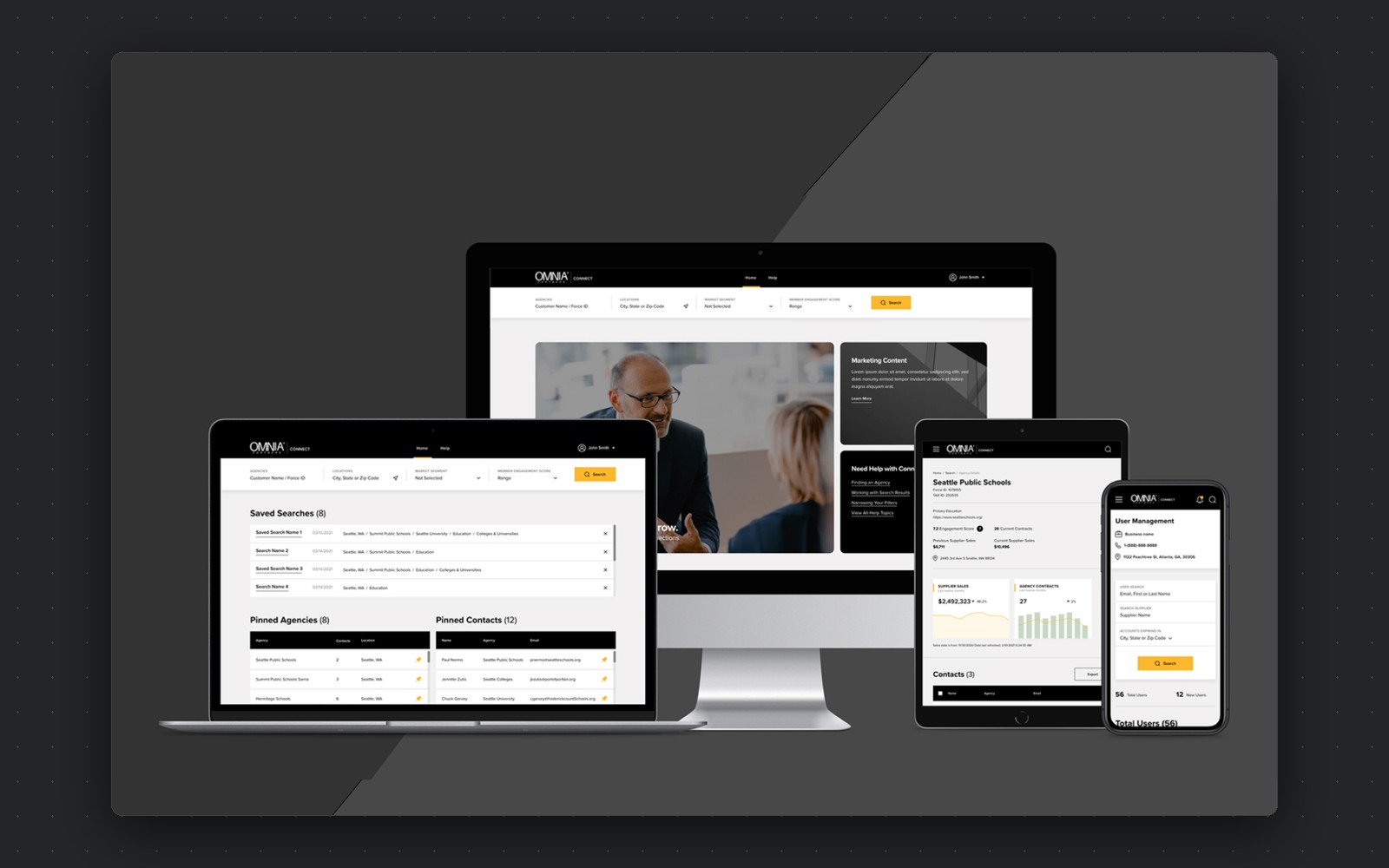 OMNIA Partners — procurement platform with saved searches, pinned agencies and contacts across desktop, tablet and mobile