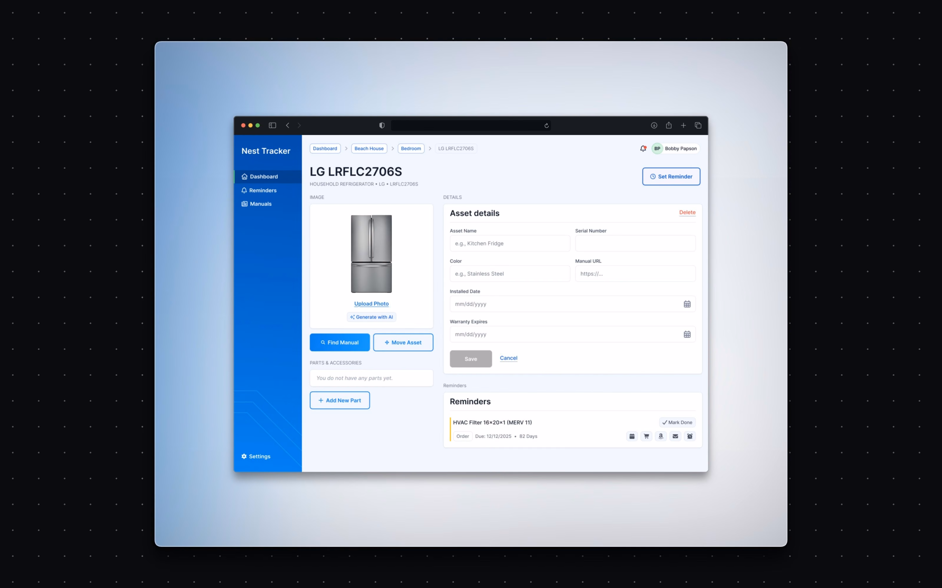 Hold everything about one appliance in one place.