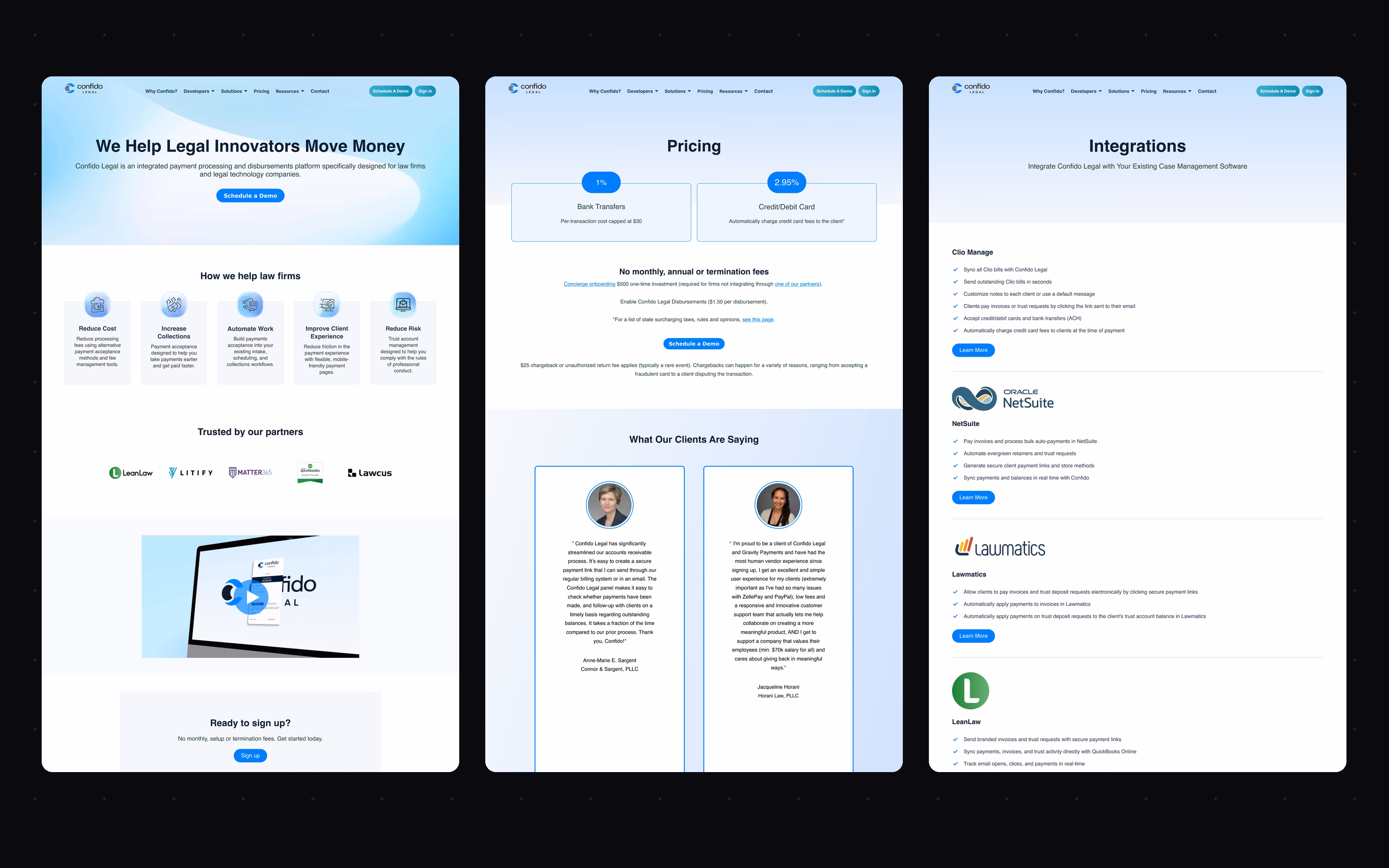 The legacy site as inherited — homepage, pricing and integrations — captured live and used as the audit baseline for every redesigned template.