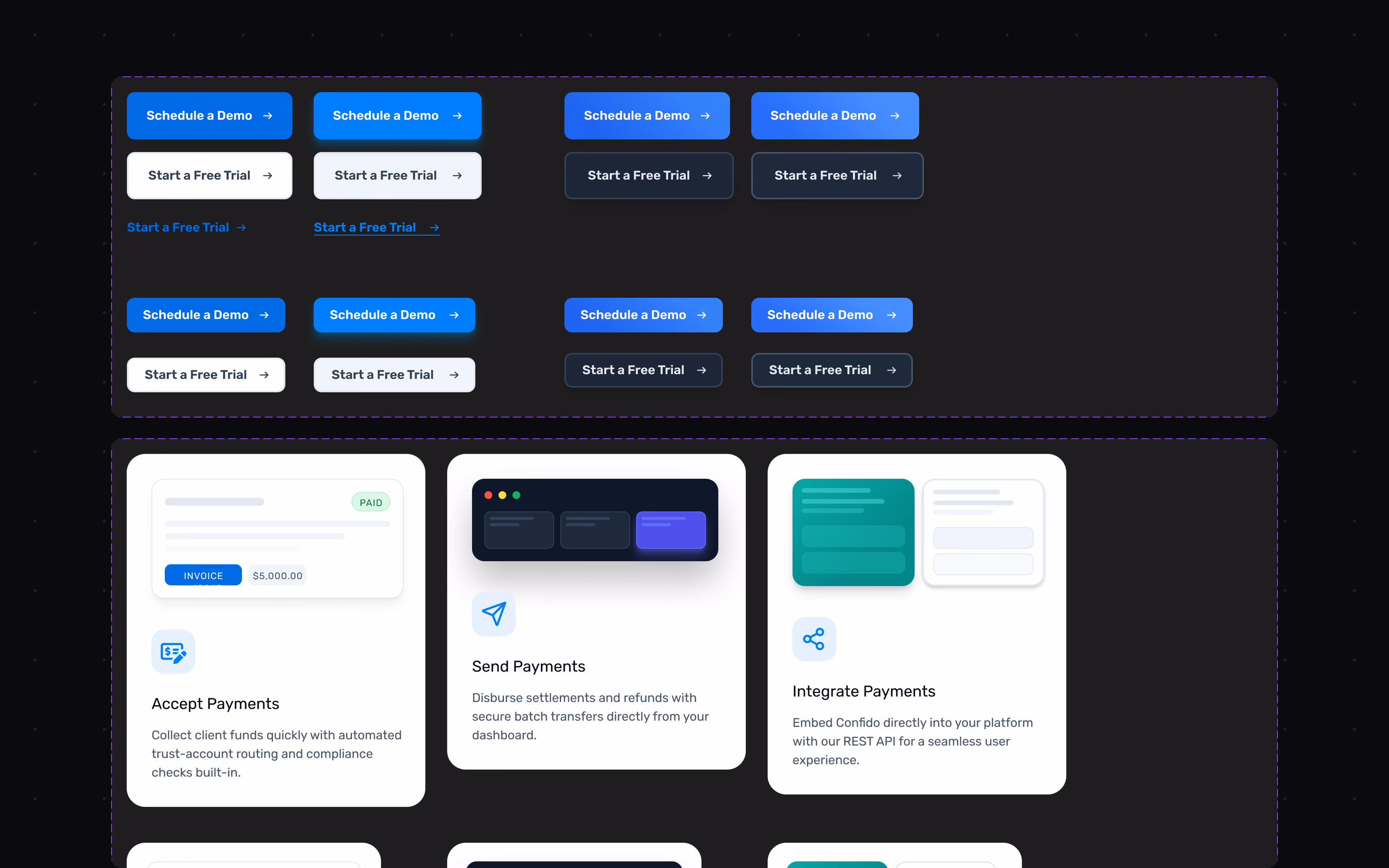 A token layer of 147 variables in three collections — typography, colour and layout — drives fifteen component sets: navbar, buttons, icons, stat cards, segment cards, workflow cards, trust bar, partners grid, badges, article cards and footer. Every one of the thirty templates is assembled from these, so a new practice-area page or partner page lands on the system without a designer.