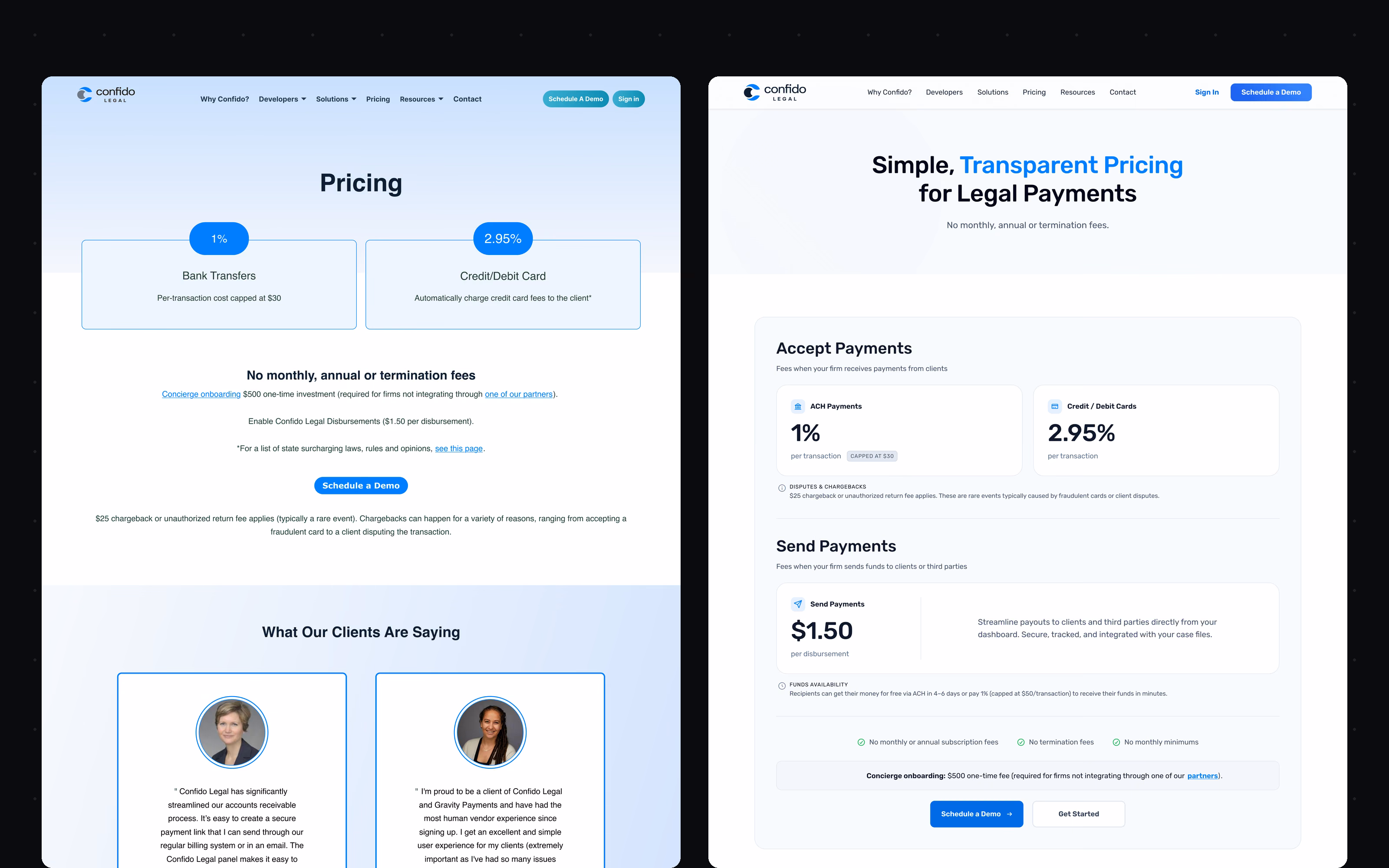 Turn two pills and a paragraph into a page that answers the question a law firm is actually asking: what will this cost us per transaction, and what is included.