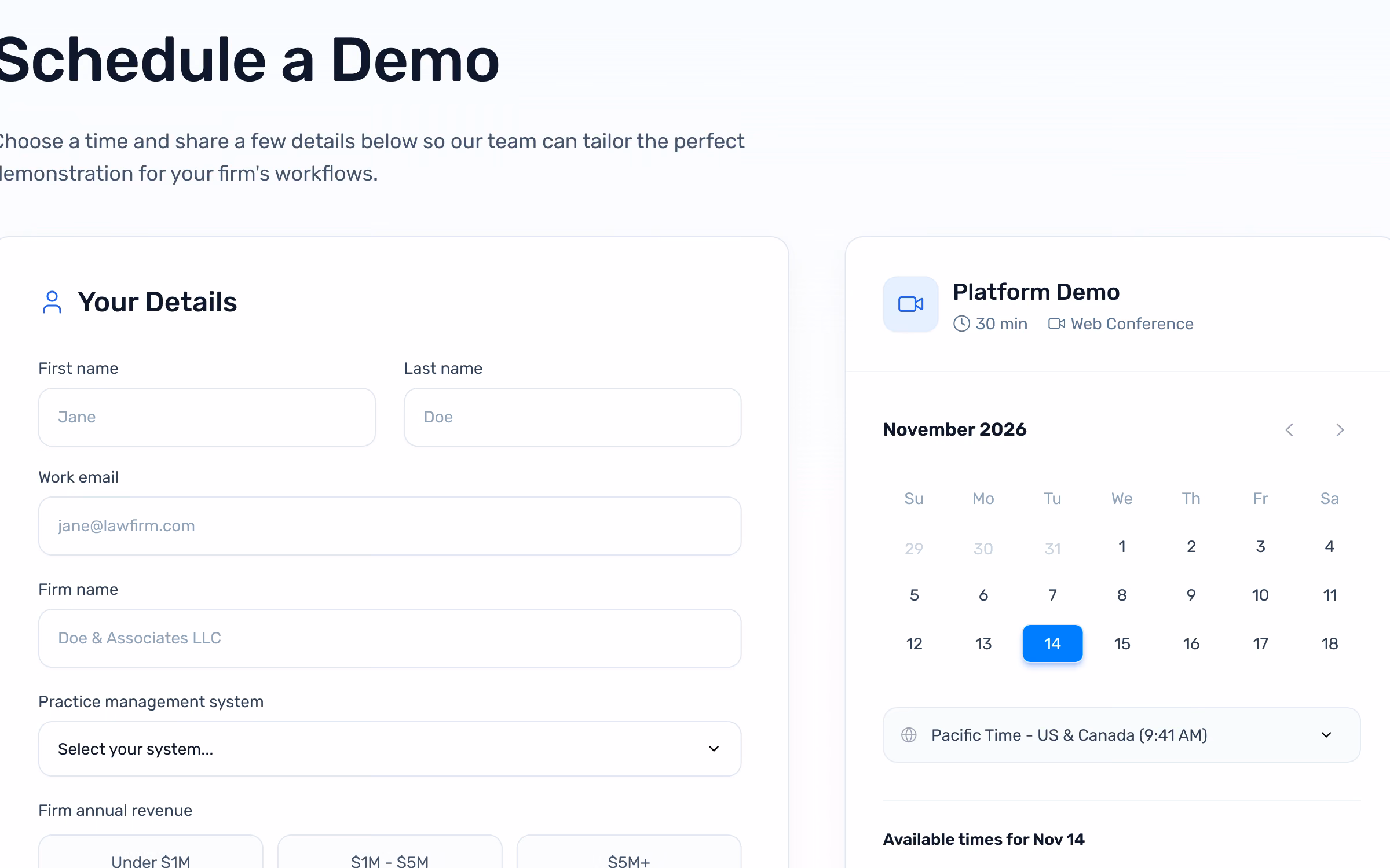 Keep a prospect focused through a multi-step scheduler that routes by firm size and current integration.