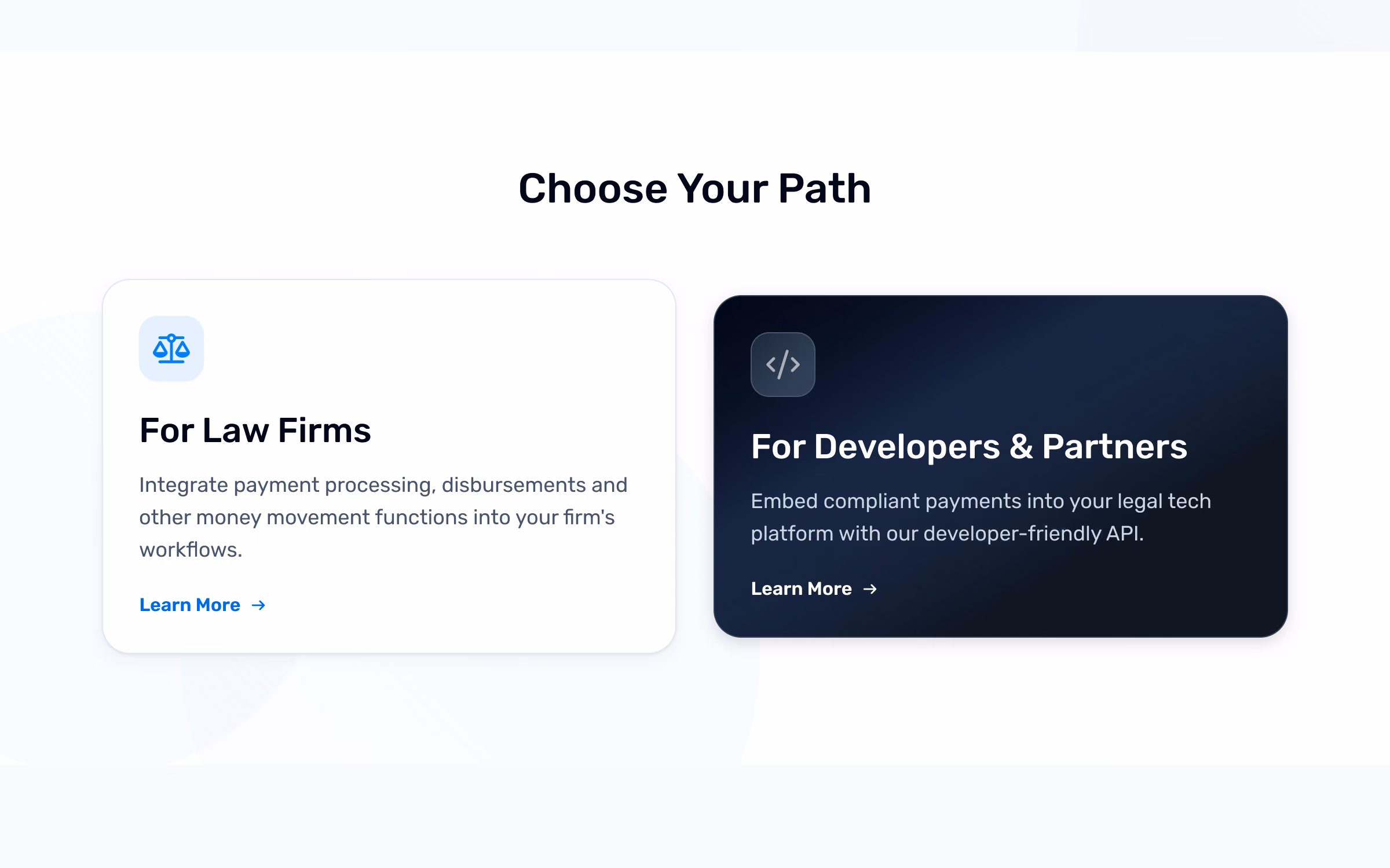 Give law firms and legal-tech developers each a clear path without splitting the site in two.