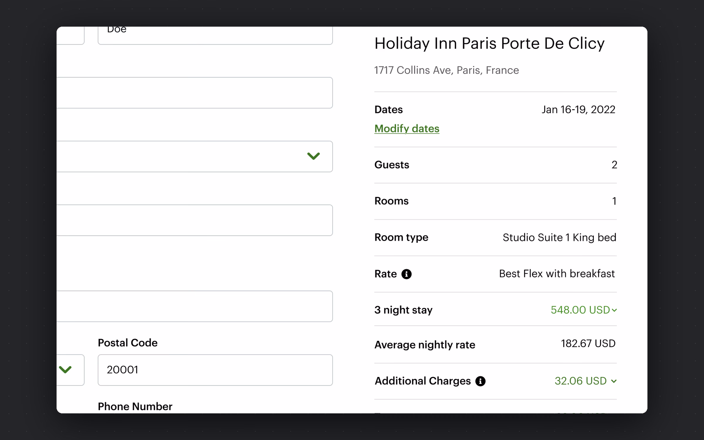Keep dates, room, rate, nightly average, additional charges and total in view for the whole scroll.