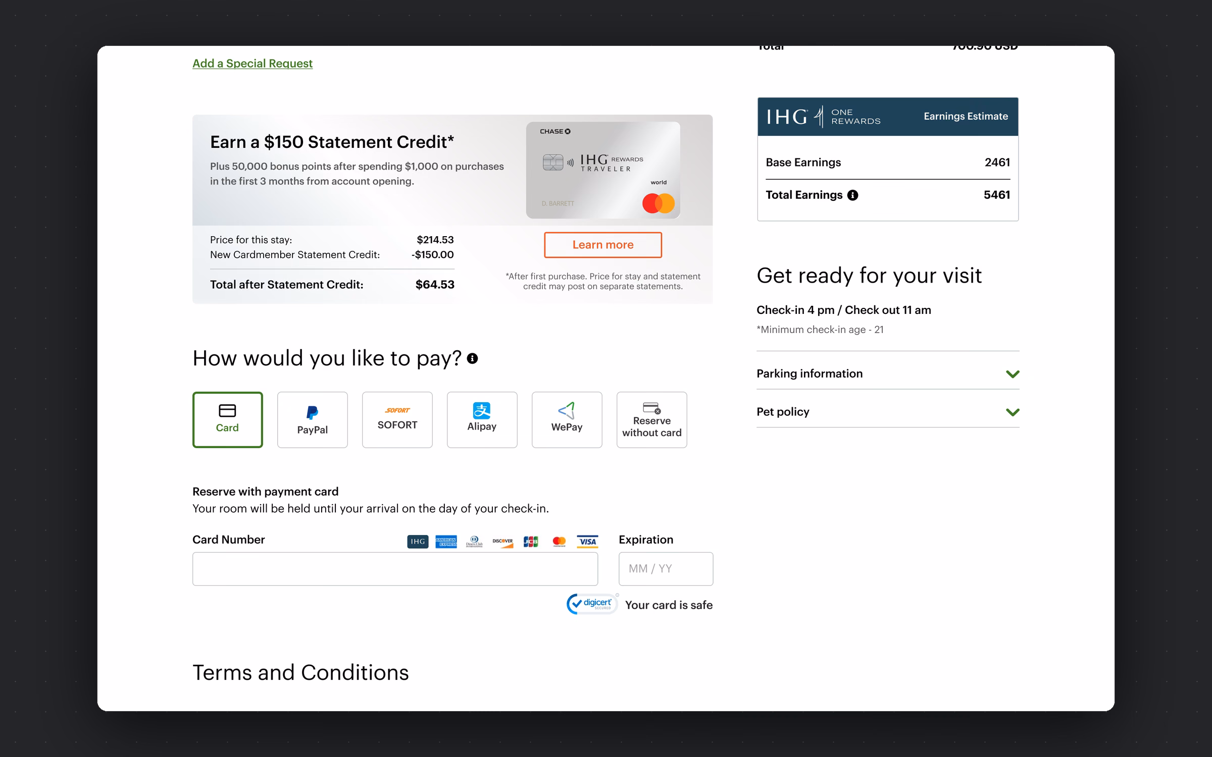 Offer card, PayPal, Sofort, Alipay, WeChat Pay and reserve-without-card as one decision, not six sections.