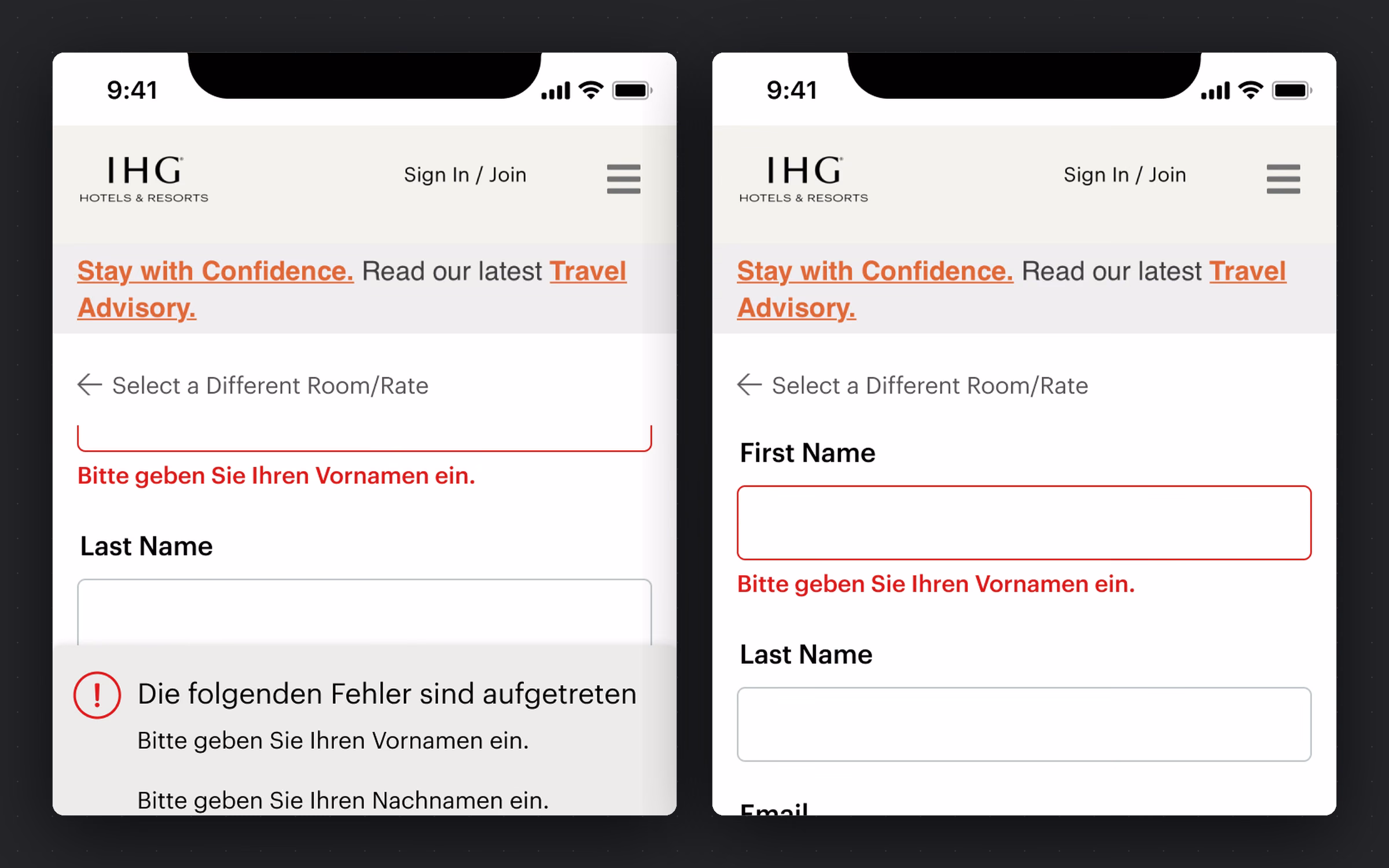 Recover a guest who has submitted an empty form, in any of IHG's languages, without making them hunt.