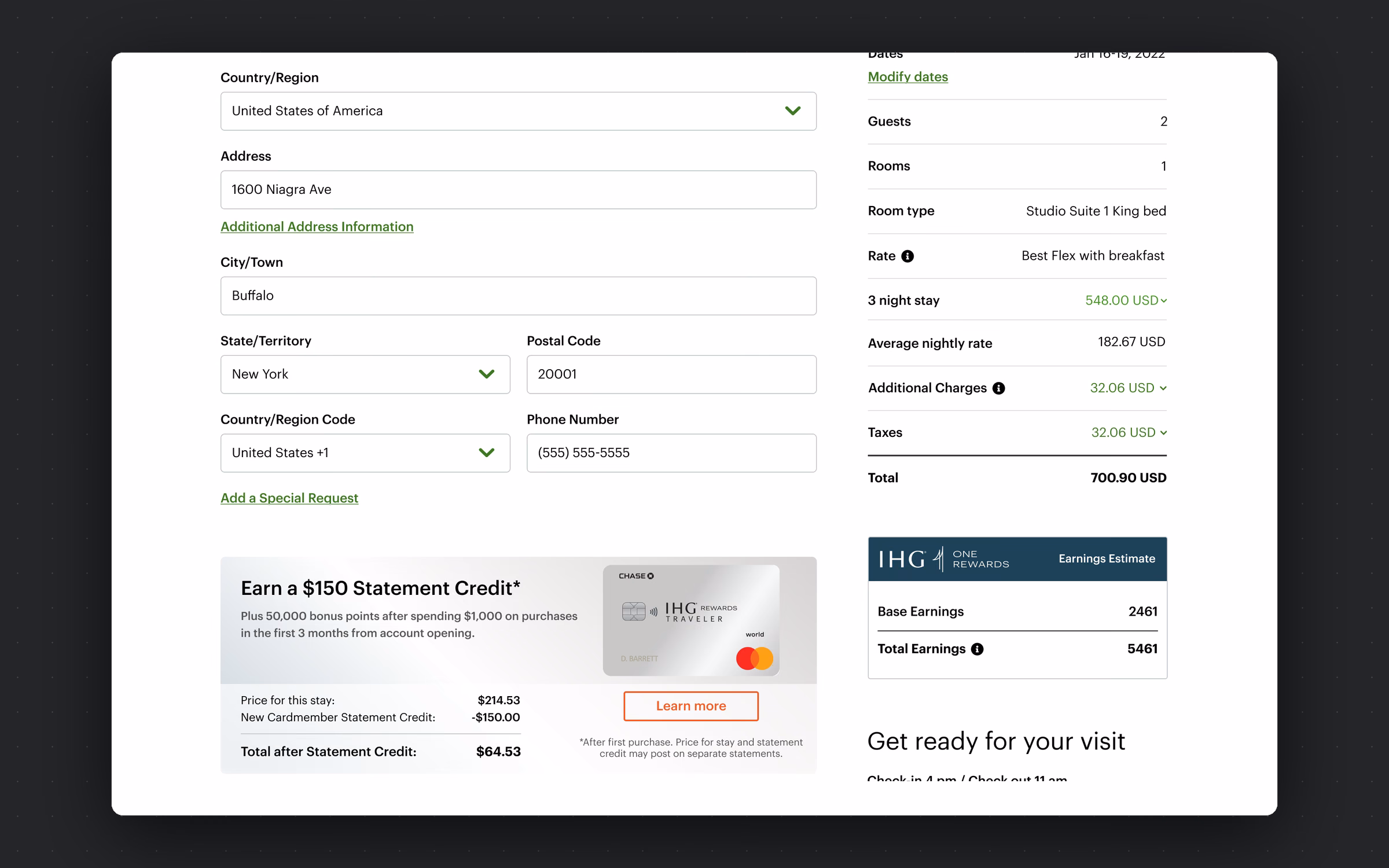 Show what the stay earns and present the co-branded card offer without breaking the path to the button.
