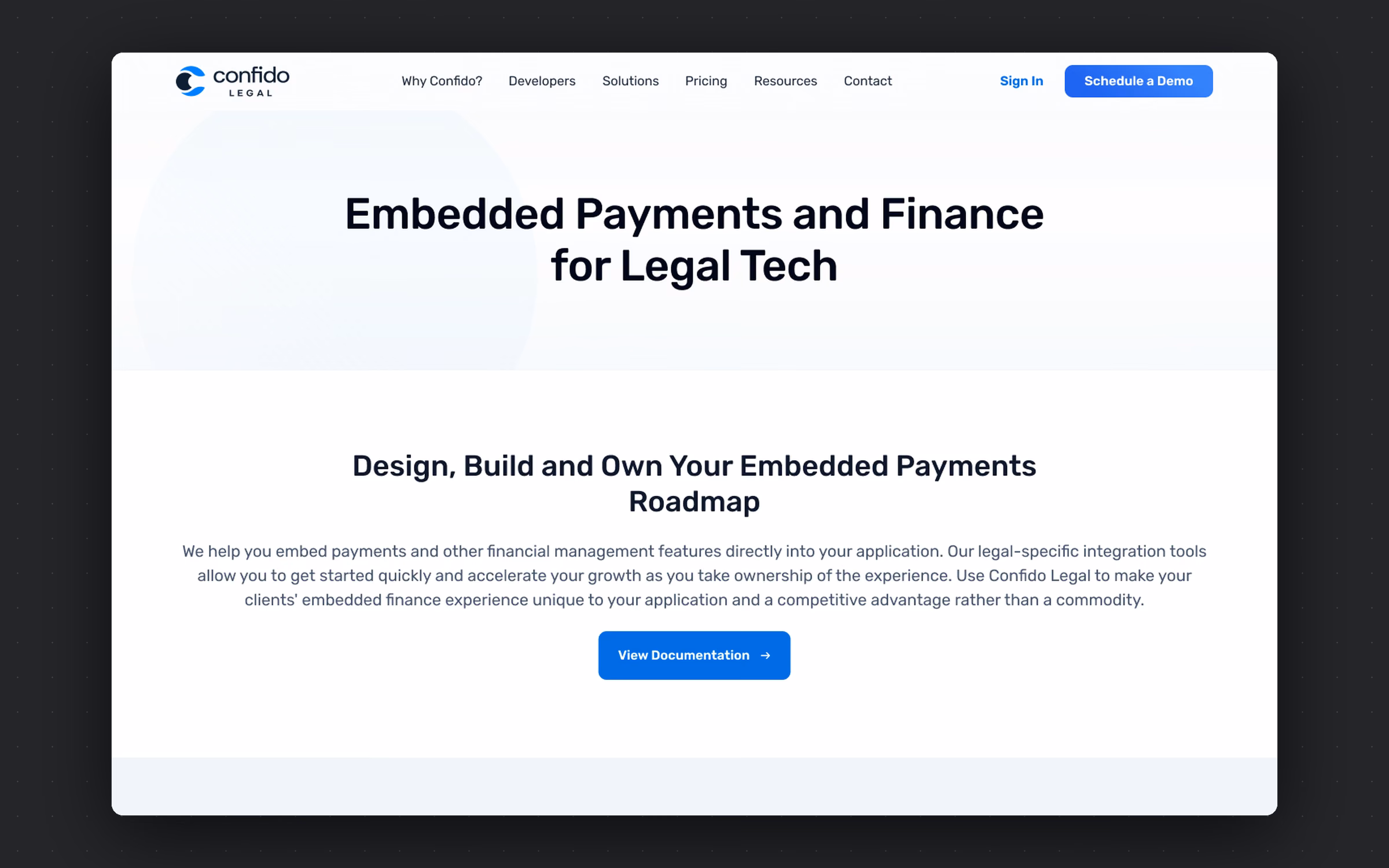 Give the second audience — legal-tech platforms embedding payments — a page that speaks their language instead of a marketing pitch with the word API in it.