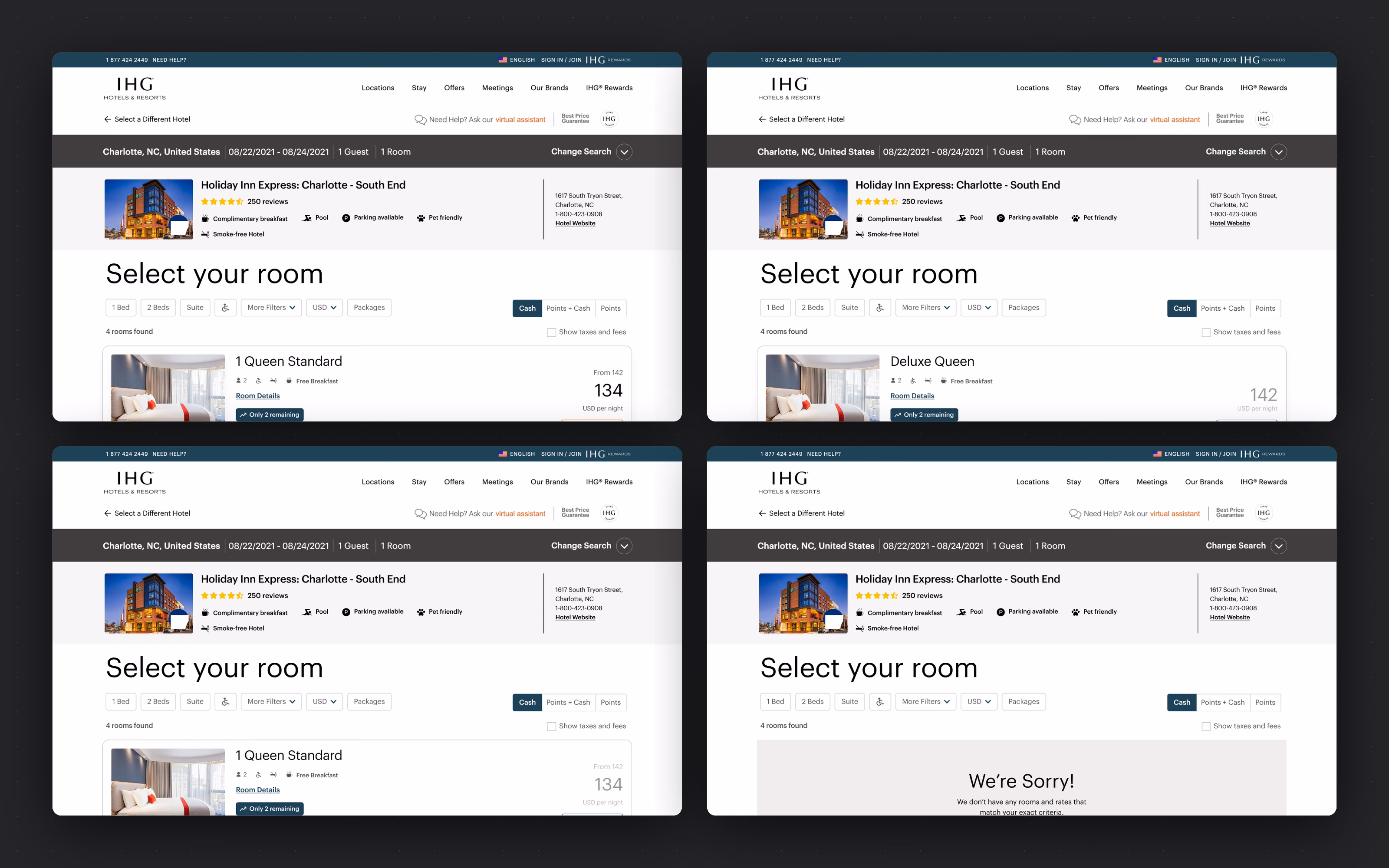 The room list, the non-member and member rate states, and the no-results state — the four layouts the rate component had to satisfy.