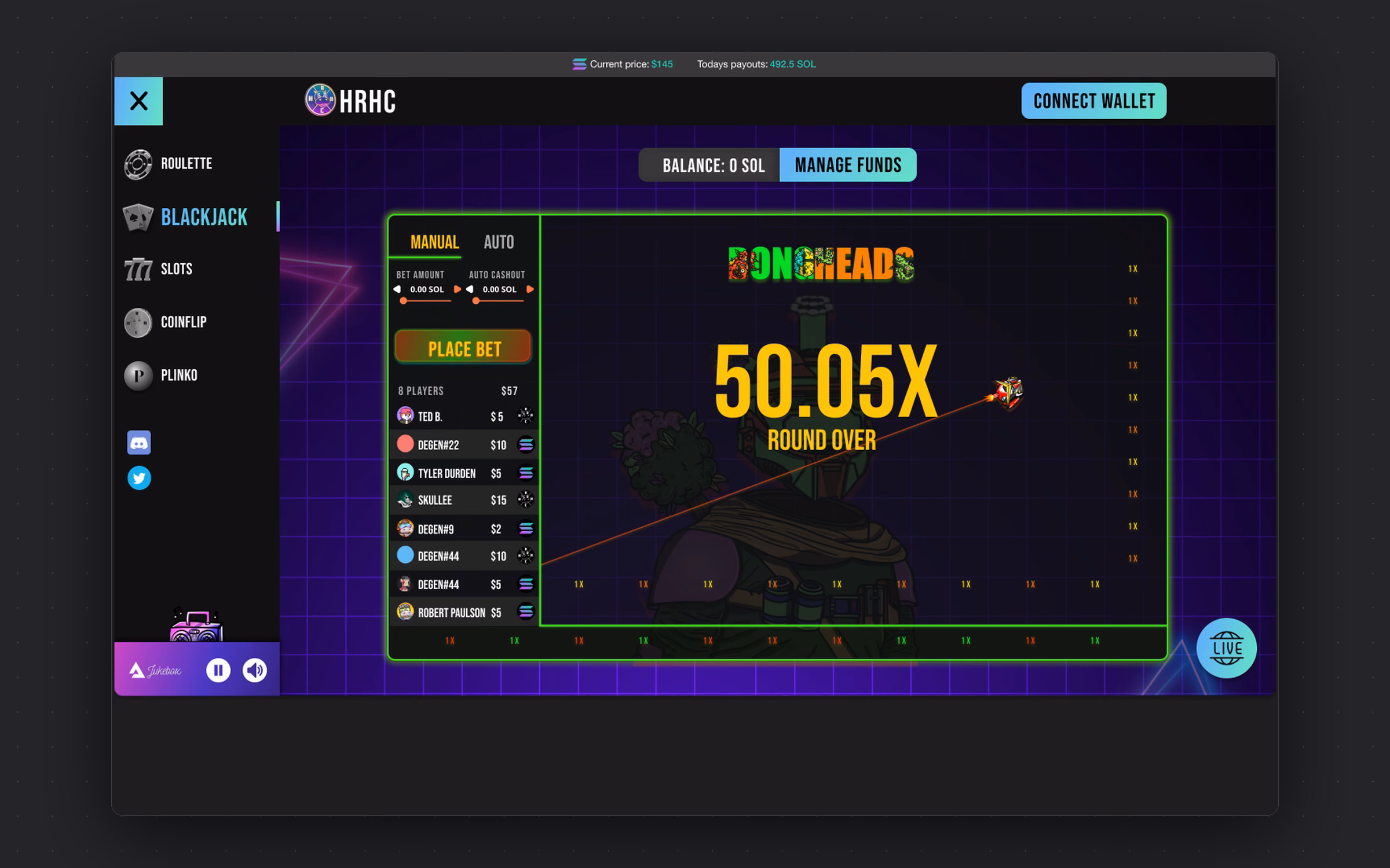 Design for the way crash is actually played — many rounds in a row, with everyone watching the same multiplier.