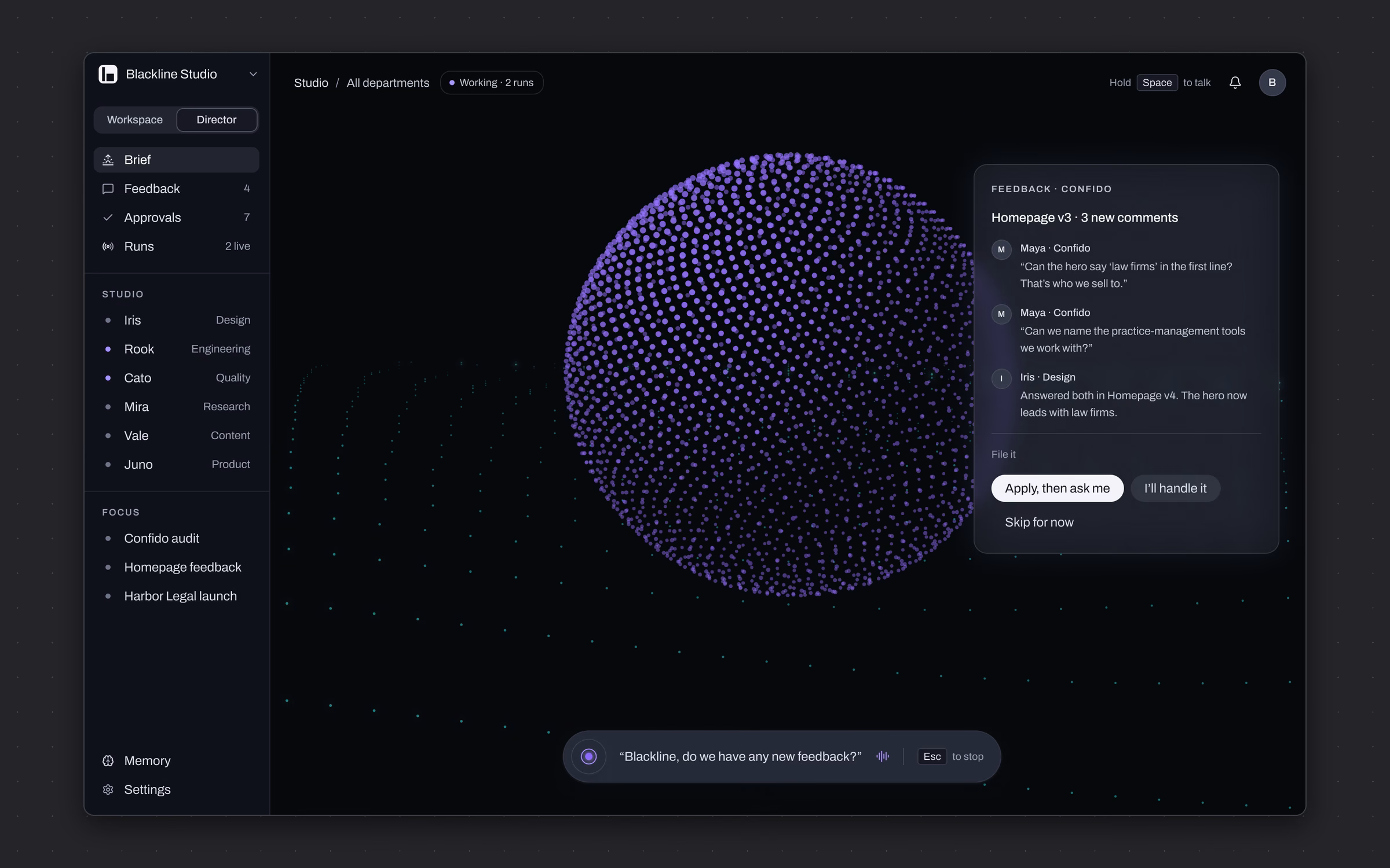 Let an agency lead run the studio and see what every AI worker is doing without opening a single project.