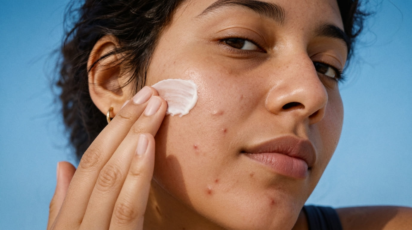 Portrait rapproché d’une femme à la peau brune avec une acné légère à modérée, appliquant une crème blanche sur la joue sur fond bleu, avec texture de peau visible et rendu photographique naturel.
