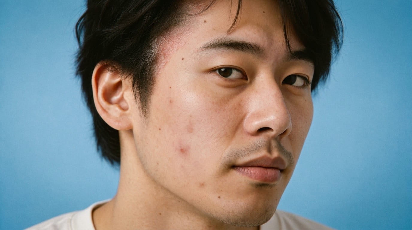 Portrait studio photoréaliste d’un jeune homme asiatique sur fond bleu uni, expression calme et positive, peau non retouchée avec pores et imperfections visibles et irritation squameuse plus marquée à la lisière des cheveux.