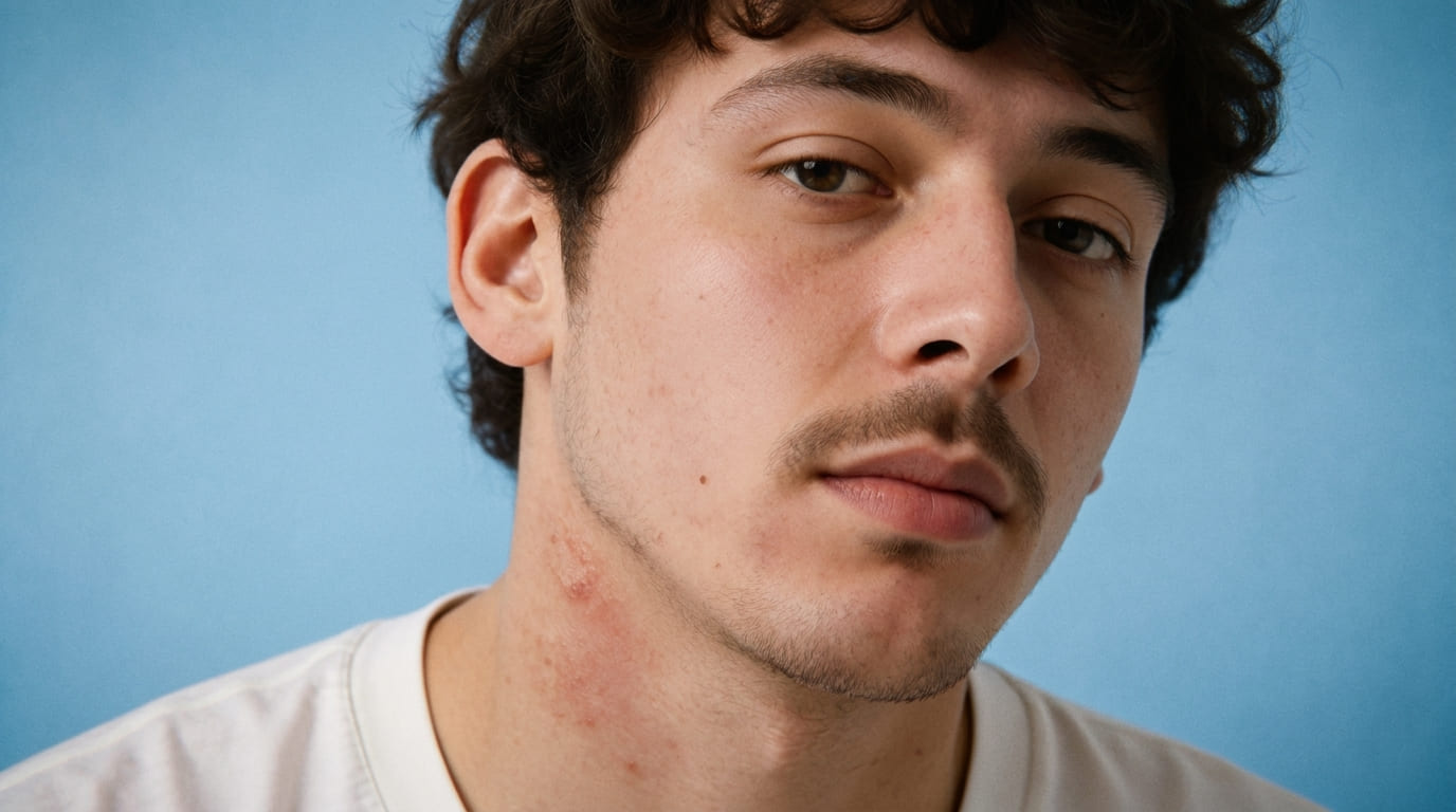 Portrait studio photoréaliste d’un jeune homme sur fond bleu clair uni, expression calme et positive, peau naturelle avec pores, petites imperfections et irritation cutanée visible au niveau du cou et de la mâchoire.