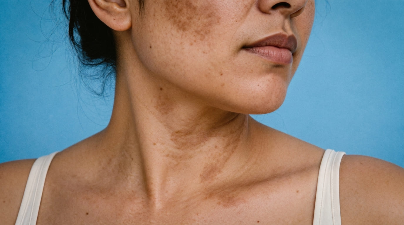 Gros plan dermatologique photoréaliste d’une femme adulte à peau brune sur fond bleu, cadré sur le bas du visage, le cou et le haut du thorax, avec texture cutanée naturelle et zones d’hyperpigmentation brune bien visibles.