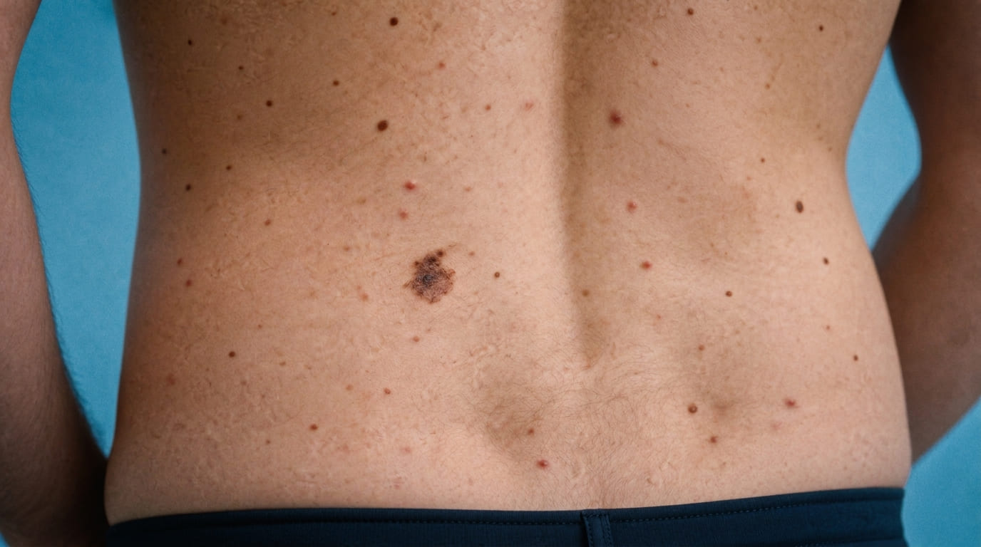 Gros plan photoréaliste du milieu et du bas du dos d’un adulte à peau claire sur fond bleu uni, avec pores, pilosité fine, grains de beauté, petites imperfections cutanées et une lésion pigmentée irrégulière visible à gauche du rachis.