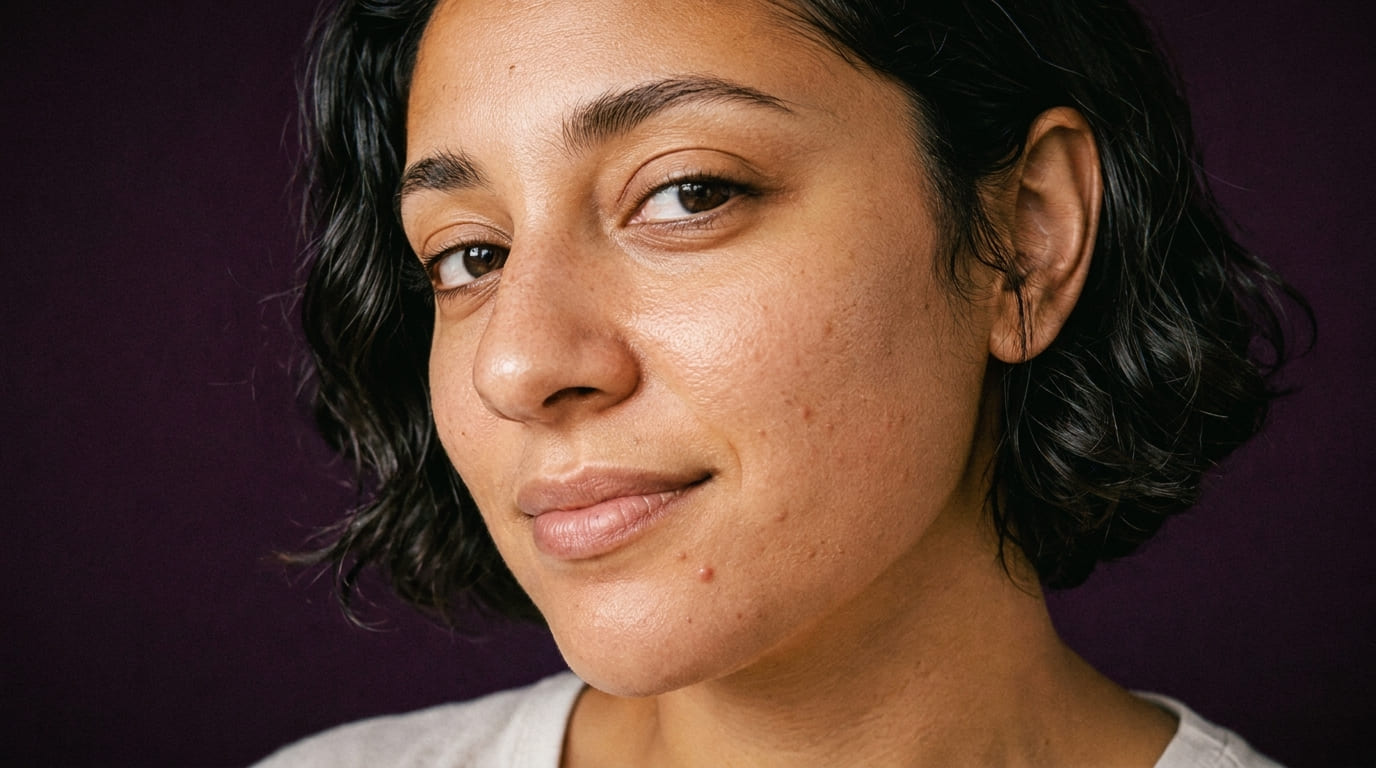 Portrait rapproché d’une jeune adulte sur fond prune, peau naturelle avec pores visibles et acné légère, expression calme et positive.