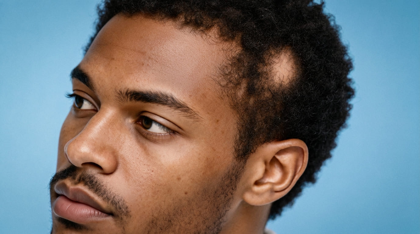 Portrait studio rapproché d’un jeune homme noir fictif sur fond bleu clair, sans bras ni main dans le cadre, avec une petite zone localisée de perte de cheveux près de la ligne capillaire temporale et une texture de peau naturelle.