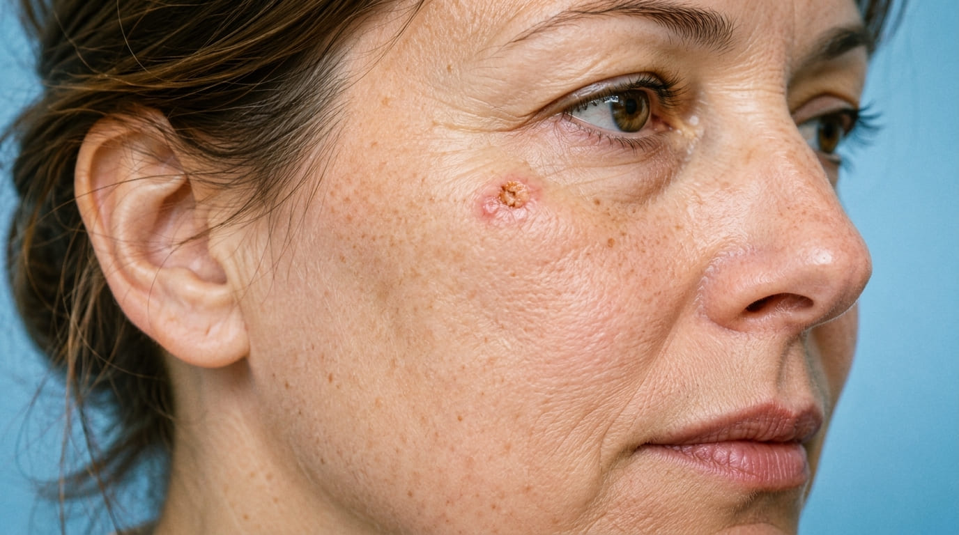 Portrait dermatologique rapproché d’une femme adulte avec une petite lésion cutanée localisée sur la joue, peau très texturée et fond bleu uni.