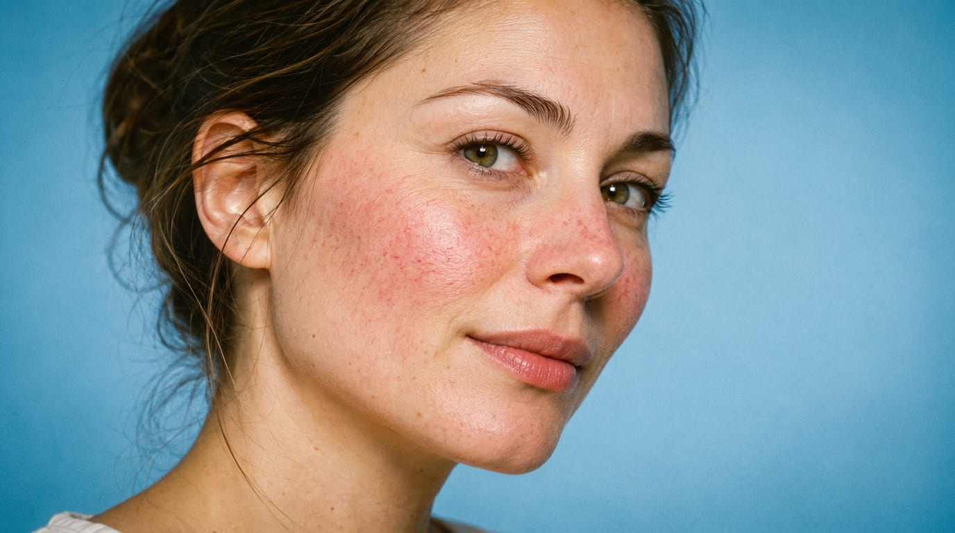 Portrait rapproché photoréaliste d’une femme adulte sur fond bleu pâle, avec rougeurs diffuses visibles sur les joues et le nez et texture de peau naturelle.