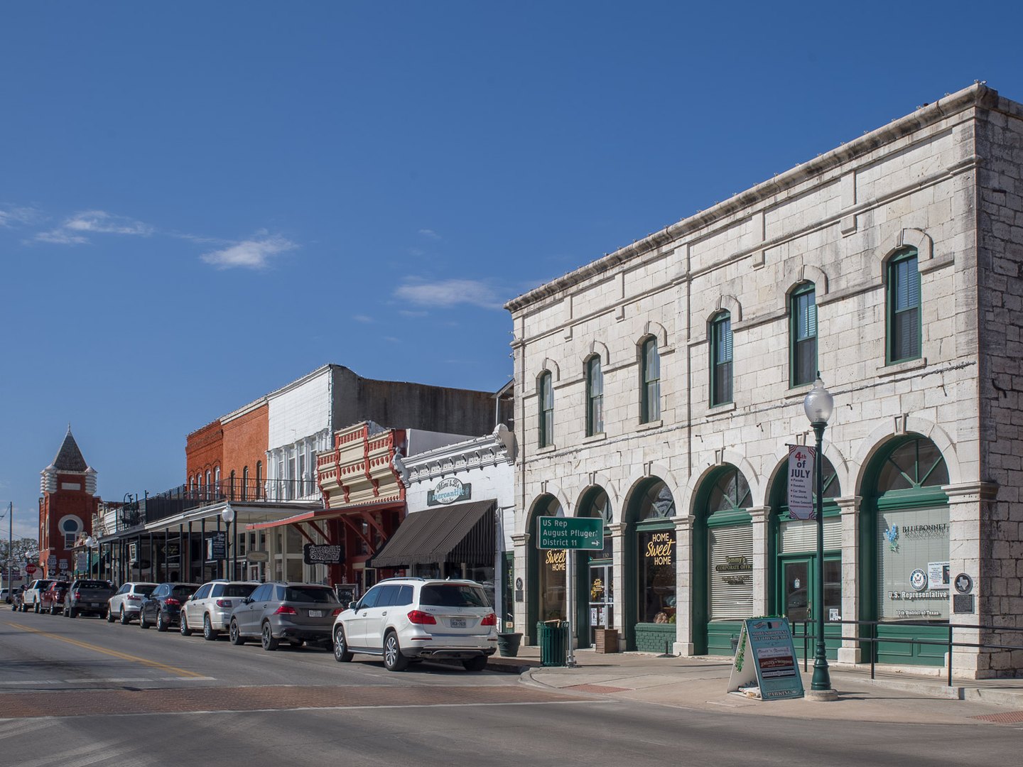 Historic limestone storefronts on the Granbury square