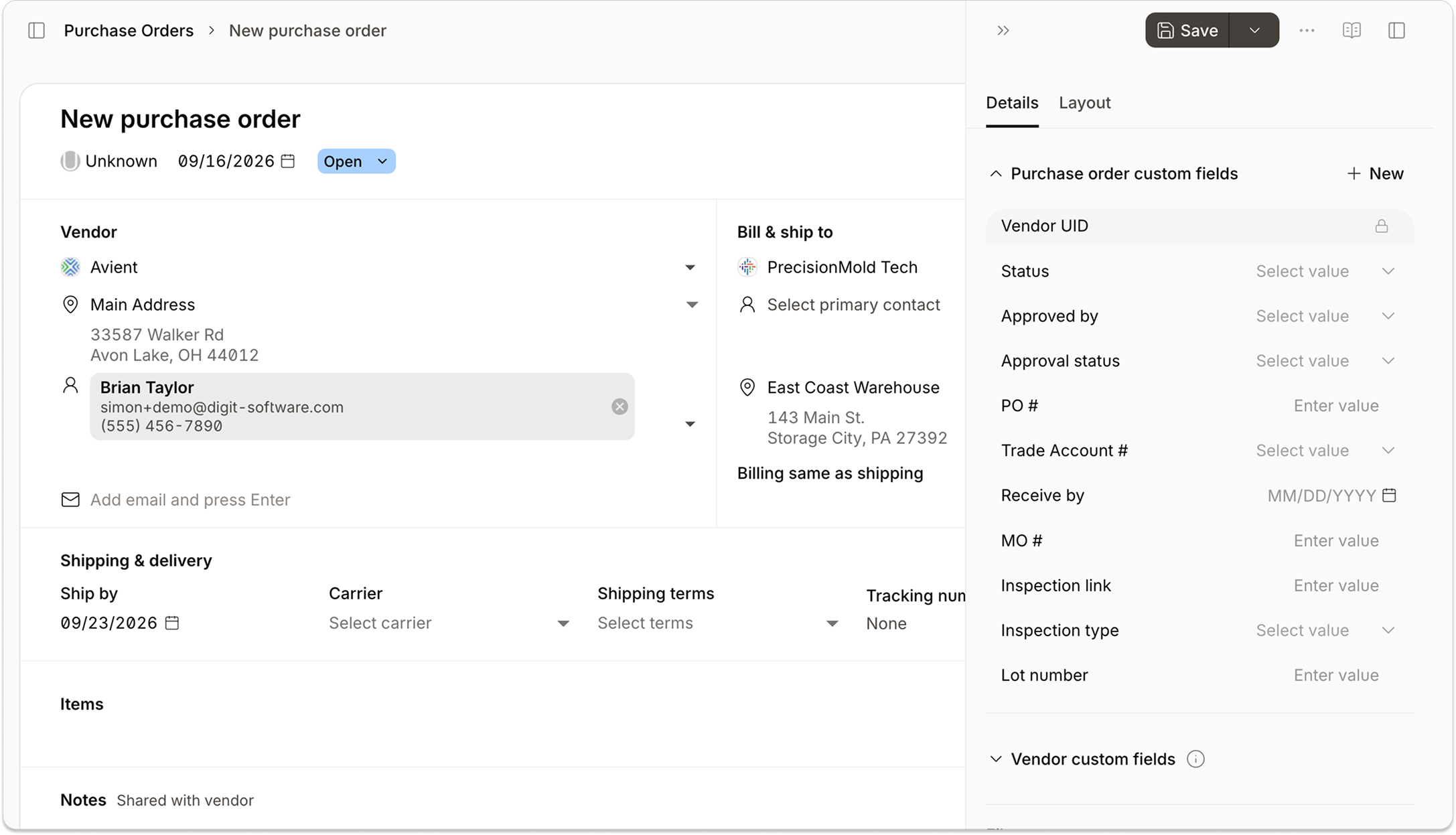 Purchase order vendor information screen