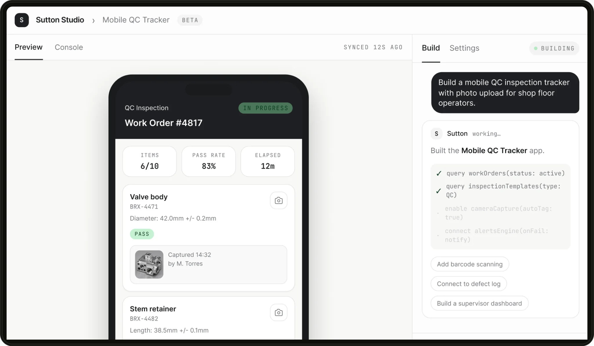 Sutton Studio building a mobile QC inspection tracker app from a prompt