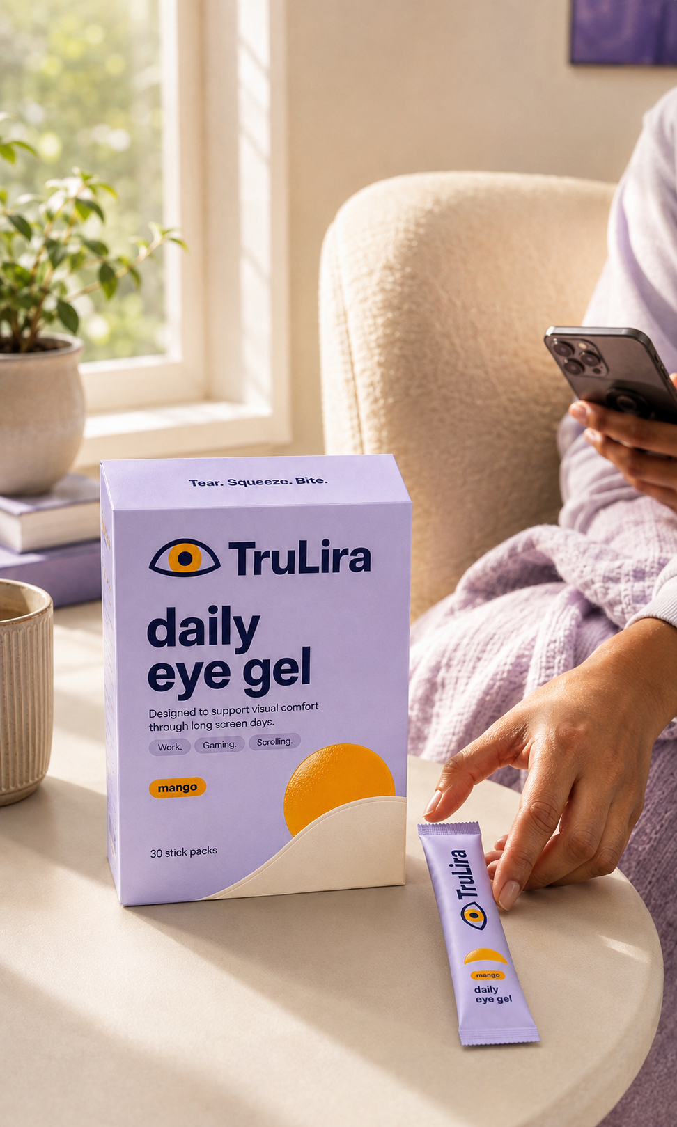 TruLira daily eye gel beside a person using a smartphone in a sunlit room.