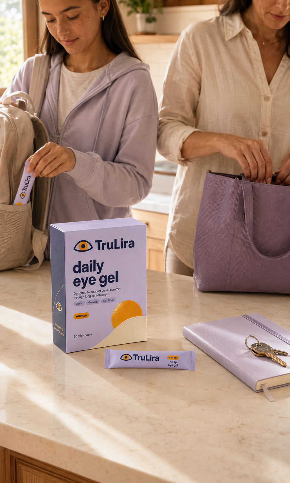 Parent and older teen packing TruLira eye gel sticks into their work and school bags.