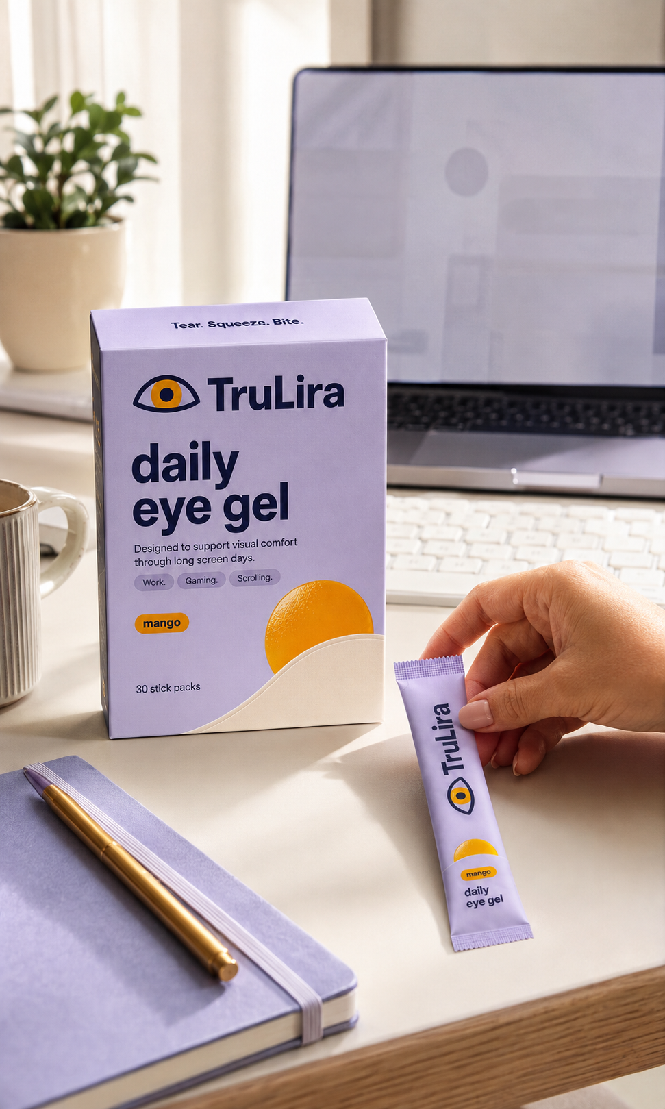 TruLira daily eye gel beside a laptop in a bright home office.