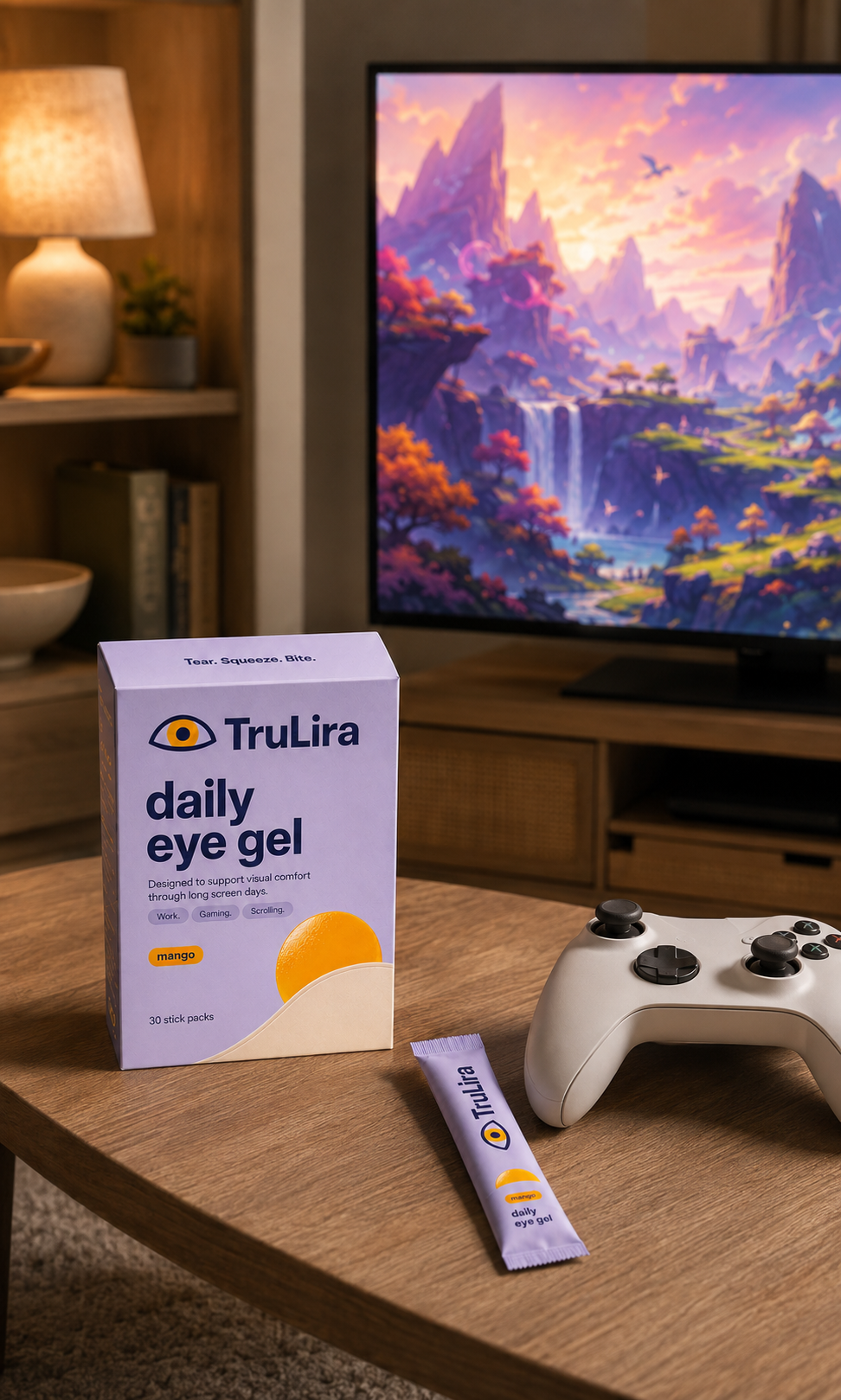 TruLira daily eye gel beside a game controller in a living-room console setup.