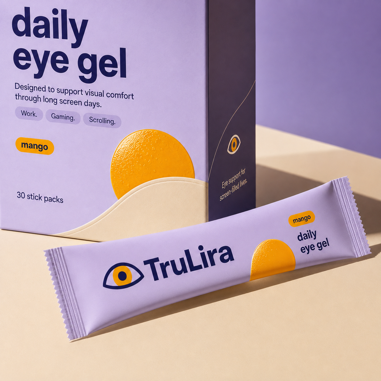 Close-up of the TruLira carton and sealed mango eye gel stick pack.