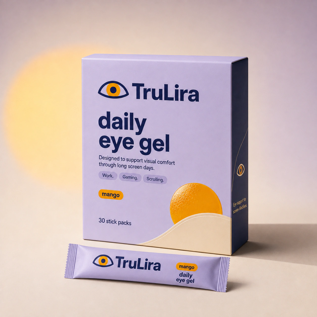 TruLira mango daily eye gel carton with 30 stick packs and one sealed sachet.