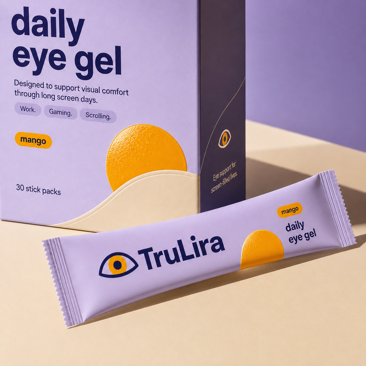 TruLira carton and individually wrapped mango gel sticks.