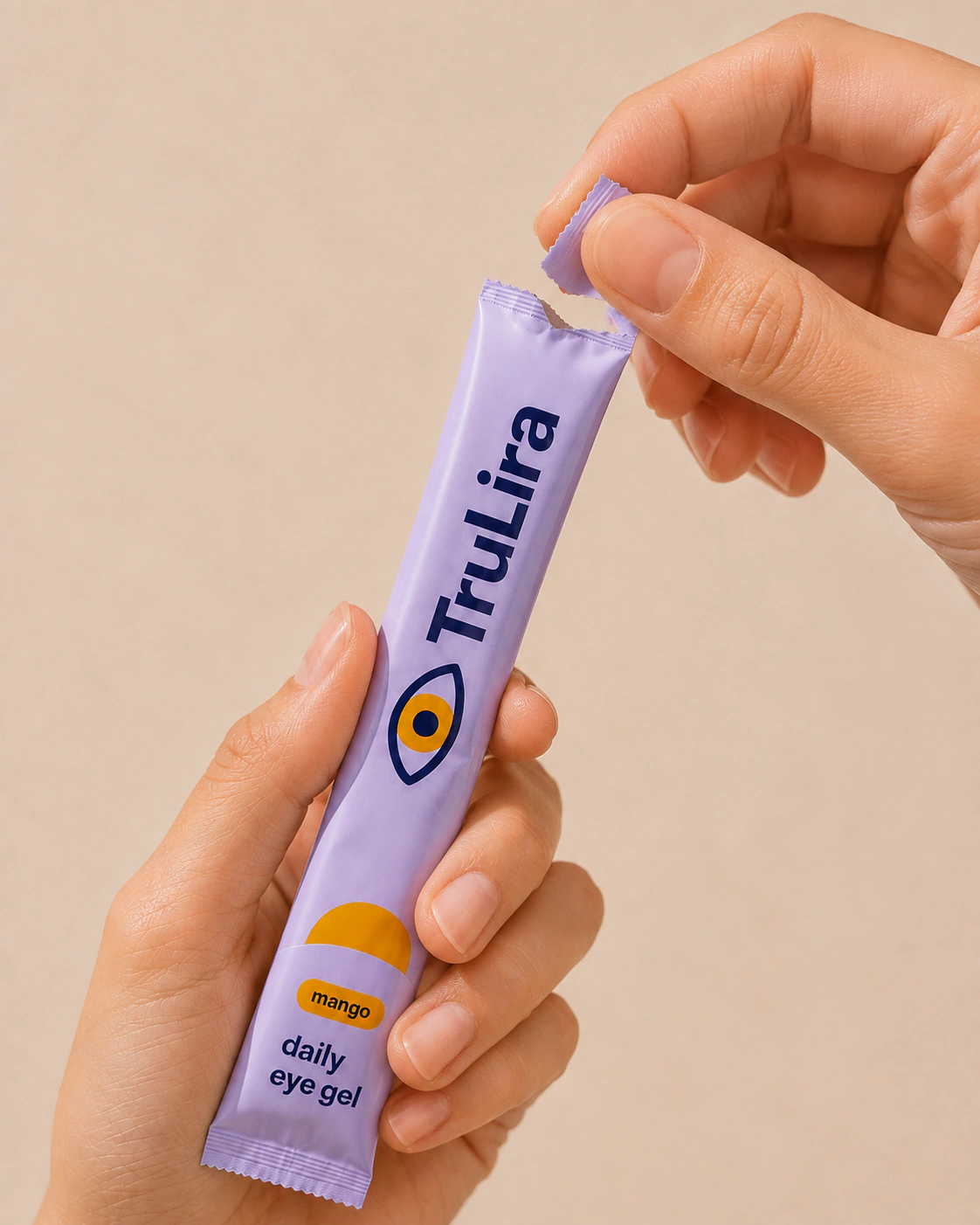 Hands tearing open a TruLira sachet.