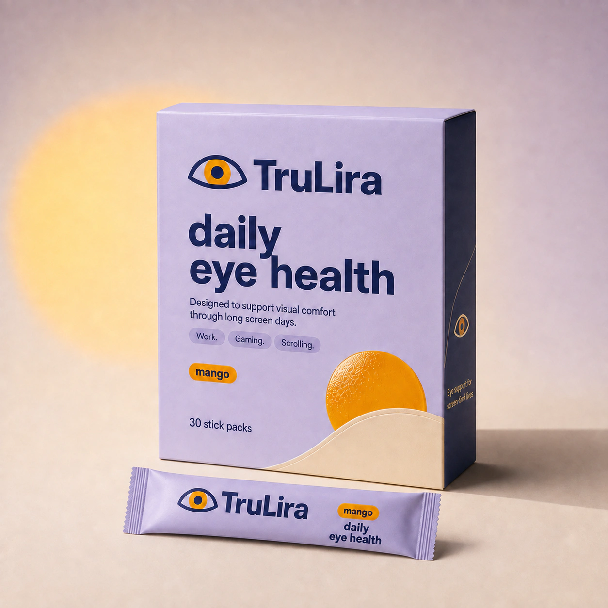 TruLira mango daily eye health carton with 30 stick packs and one sealed sachet.