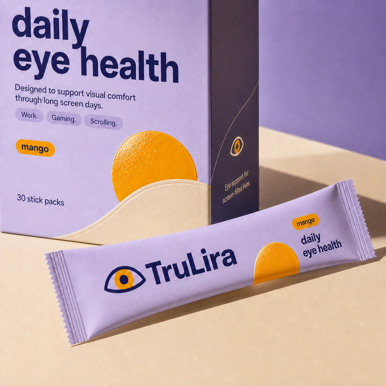 TruLira carton and individually wrapped mango gel sticks.
