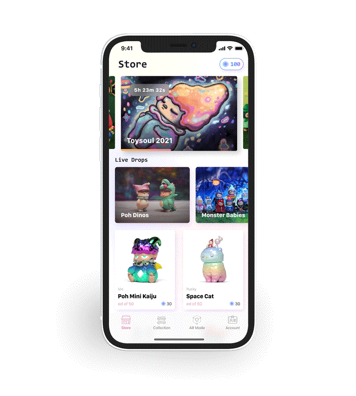 Video of One Little Planet NFT marketplace store screen showing store banner of OLP collections, a single toy, and its details.