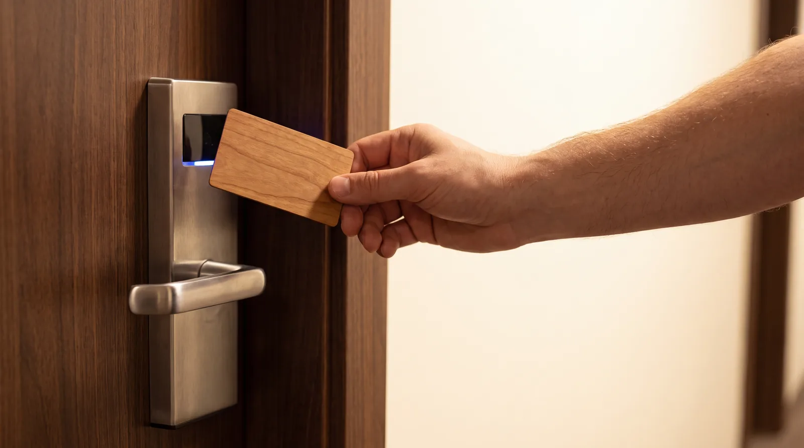 A blank wooden hotel key card presented to an electronic door lock reader
