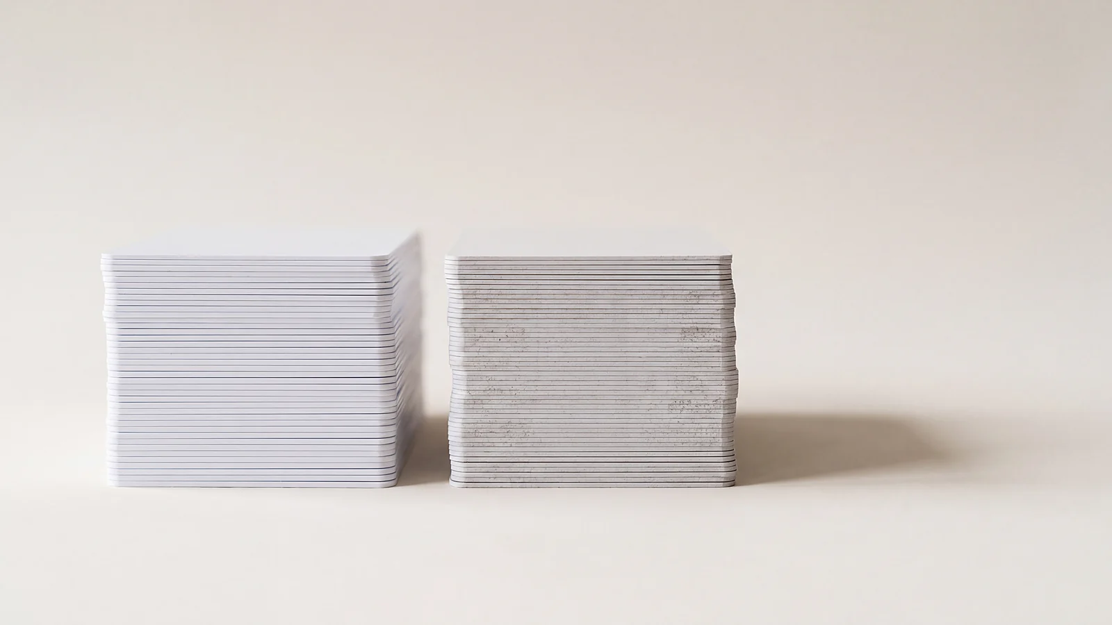 Two stacks of blank cards side by side, one bright white and one with a mottled recycled core at the cut edge