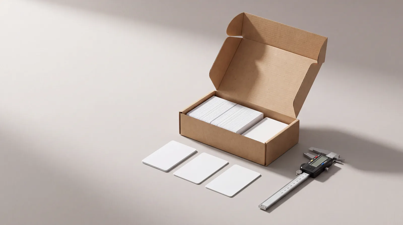 An open carton of blank white cards with three cards laid out in front and a digital caliper beside them