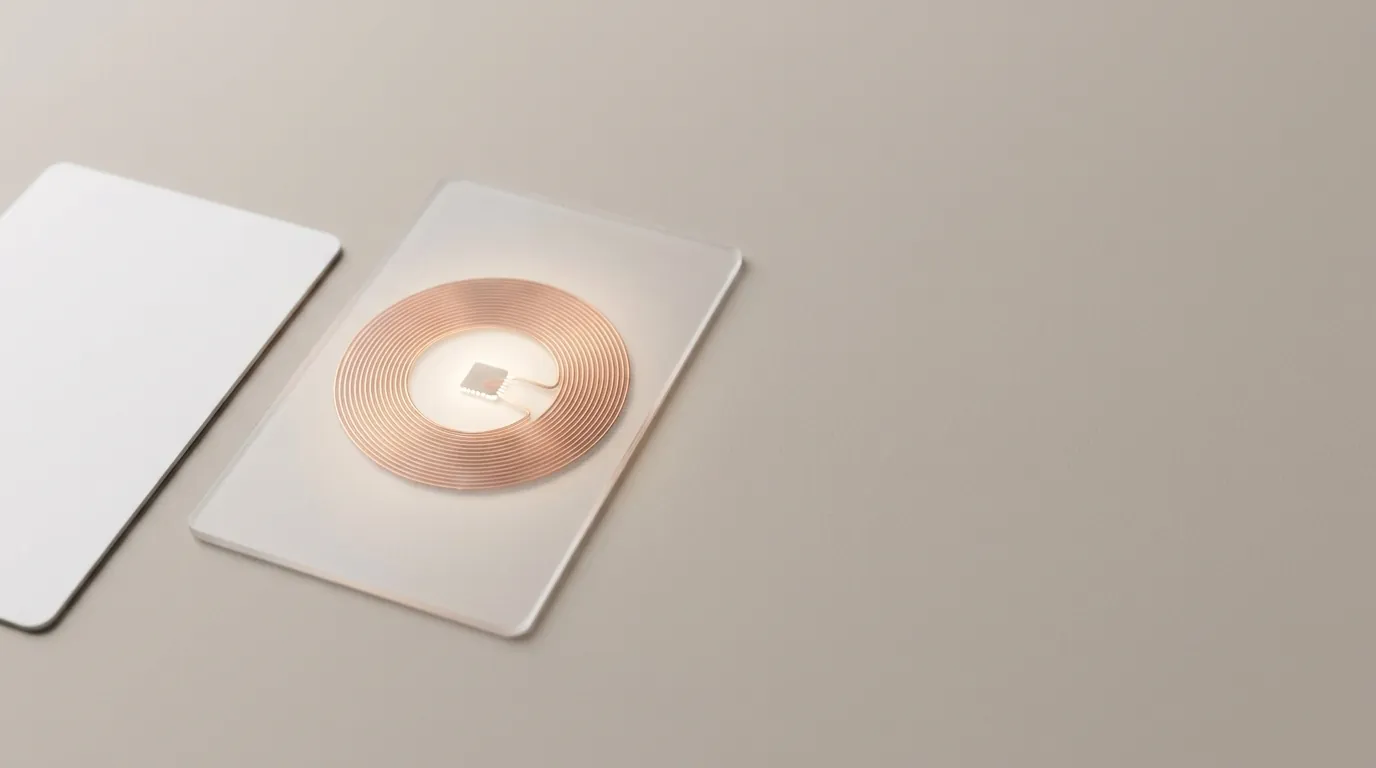 A frosted translucent card lit from behind showing its copper antenna coil and chip, beside a plain white card